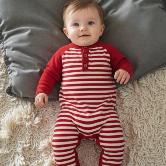 Cherokee Red-and-White Striped Knit Henley Jumpsuit size 0-3 Months - Picture 10 of 10